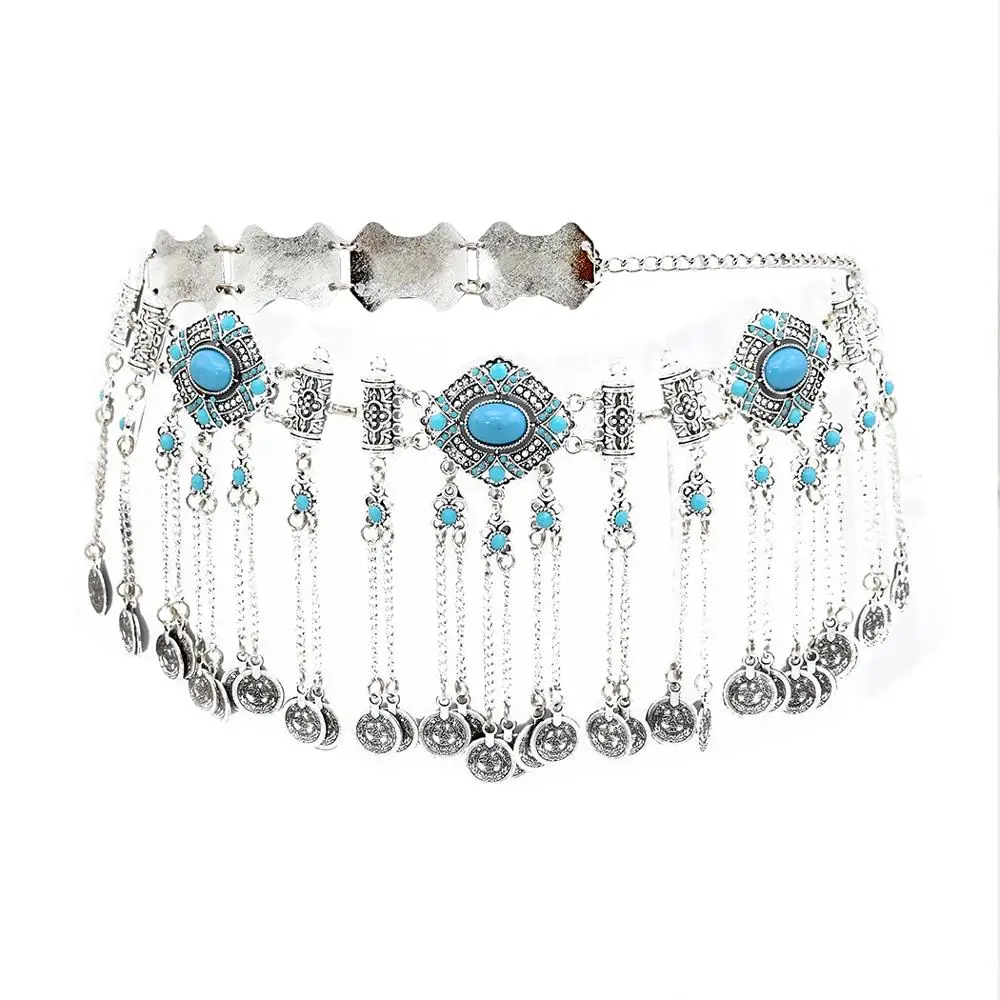 Afghan Alloy Blue Black Stone Belly Chains Hippie Coin Long Tassel Waist Chain Sexy Beach Dress Belt Women Body Jewelry