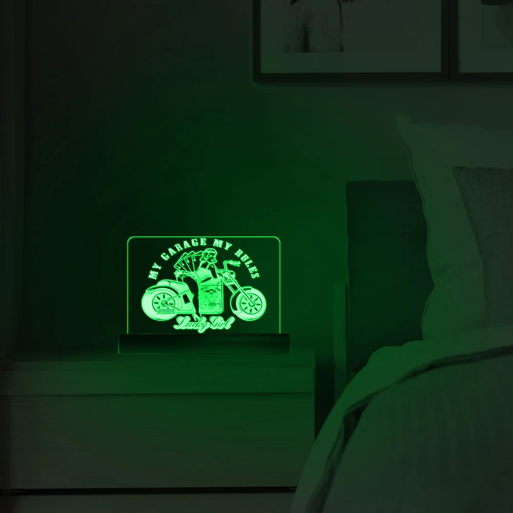 MY GARAGE MY RULES Acrylic LED Light Garage Decor Pin Up Girl With Motorcycle Personalized 3D Night Lamp Motorcyclist Present