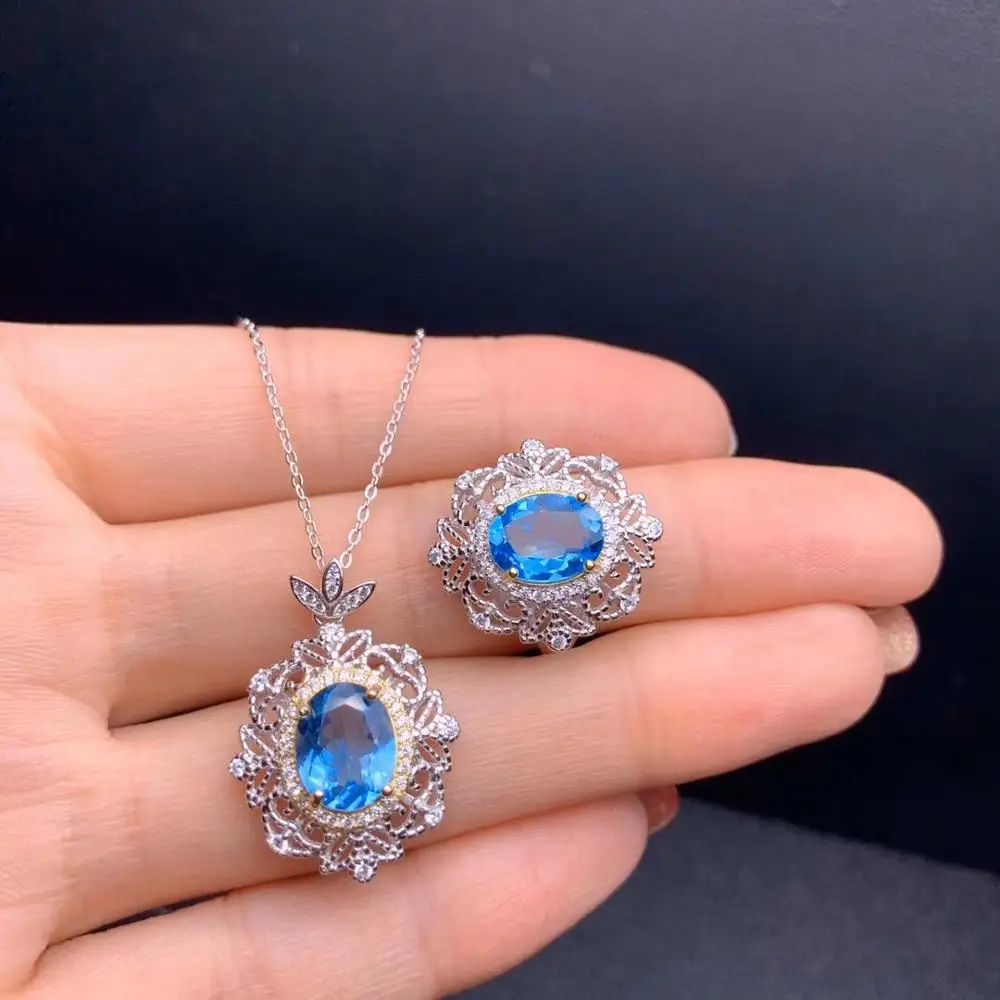 

graceful blue gem ring topaz gemstone ring and necklace silver jewelry ocean blue color natural gem one set girl birthday gift