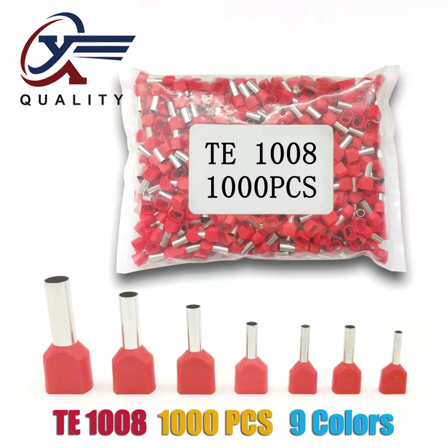 

1000pcs/Pack TE 1008 Insulated Ferrules Terminal Block Double Cord Terminal Copper Insulated Crimp terminal Wires 2x1.0mm2