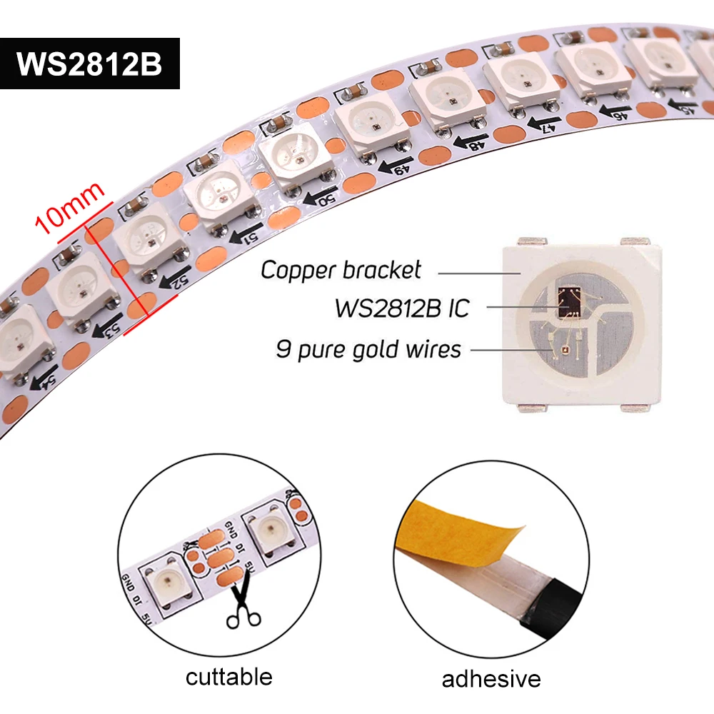 Tira de luces LED RGB WS2812b, 5V, PCB, 30, 60, 144 LED/m, cinta de luz Flexible impermeable IP21/IP65/IP67, 1m, 2m, 3m, 4m, 5m