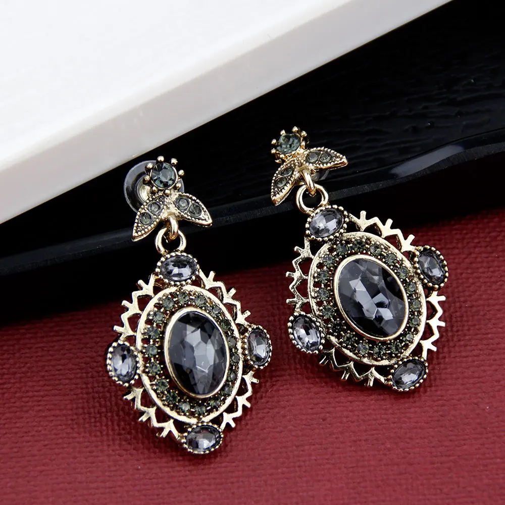 Sunspicems Drop Earring Ring Jewelry Sets for Women Antique Gold Color Grey Crystal Full Rhinestone Bohemia Vintage Wedding Gift