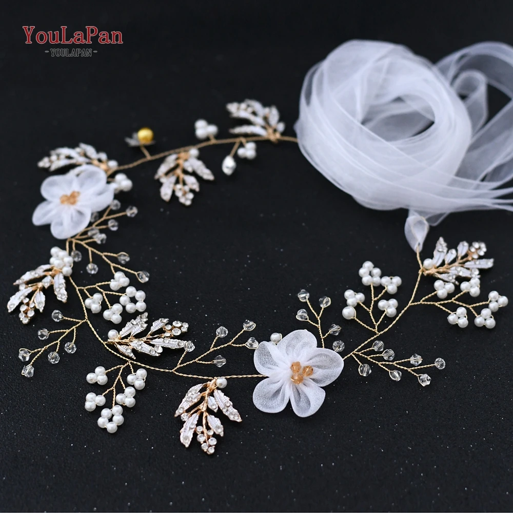 YouLaPan-Cinturón de flores para boda, faja nupcial de hojas doradas, con perlas de cristal, SH72