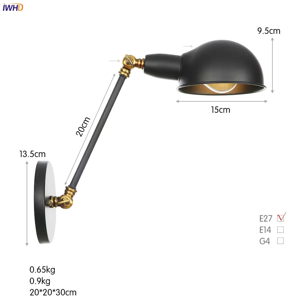 IWHD Single Swing Long Arm Wall Light Bedroom Cafe Stair Black Retro Loft Industrial Vintage Wall Lamp LED Applique Murale