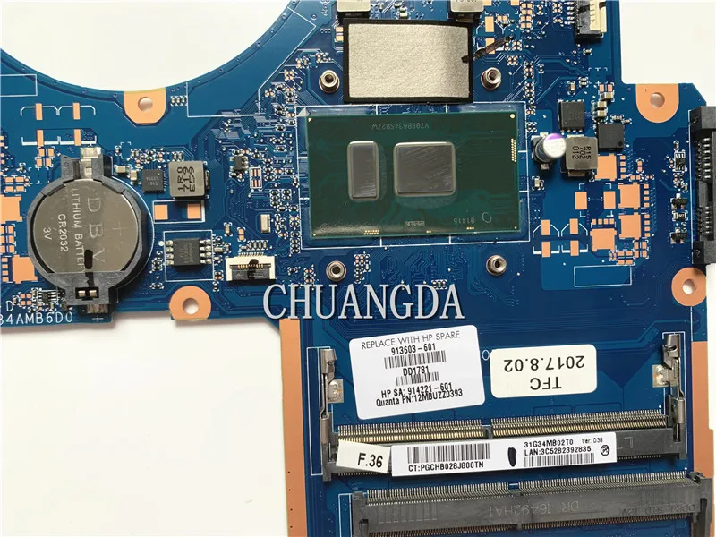 For HP PAVILION 15-AU TPN-Q172 G34A Laptop Motherboard 913603-601 With SR2ZWI3-7100U SR2ZW  DAG34AMB6D0 DDR4 Tested