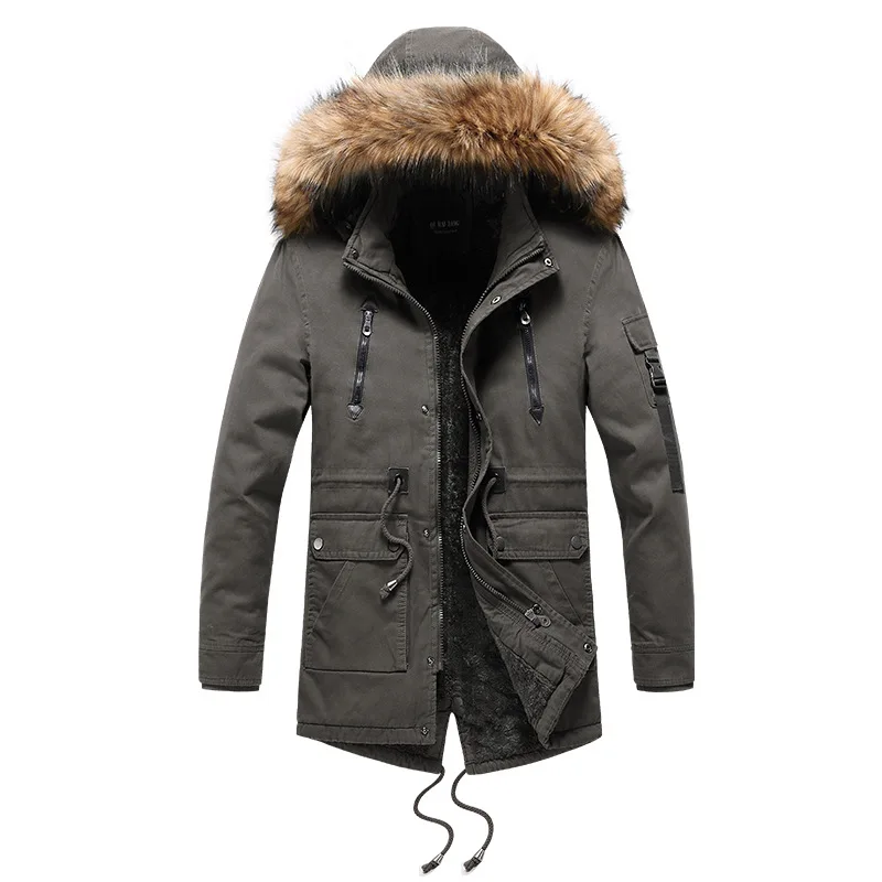 Nice New Winter Parkas Jacket Men Mid-length Hooded Fur Collar Velvet Thick Windbreaker Outwear Wool Liner Warm OverCoat Men