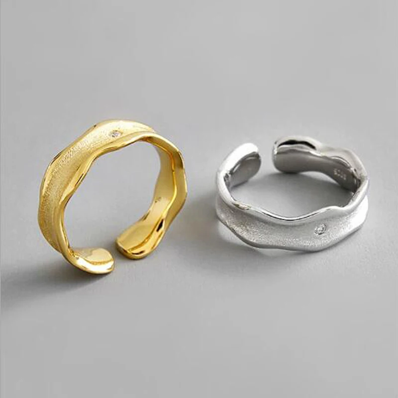 Silver Color Irregular Geometric Handmade Opening Rings with Zircon for Women Wedding Couple Personality Gold Silver Jewelry