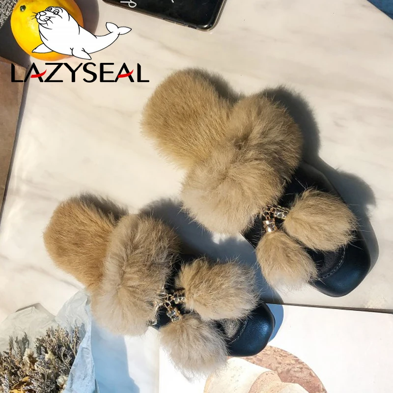 LazySeal Fur Women Slippers Metal Decoration Fringe Appliques Slides Winter 100% Real Rabbit Hair Shoes Woman Indoor Big Size 44