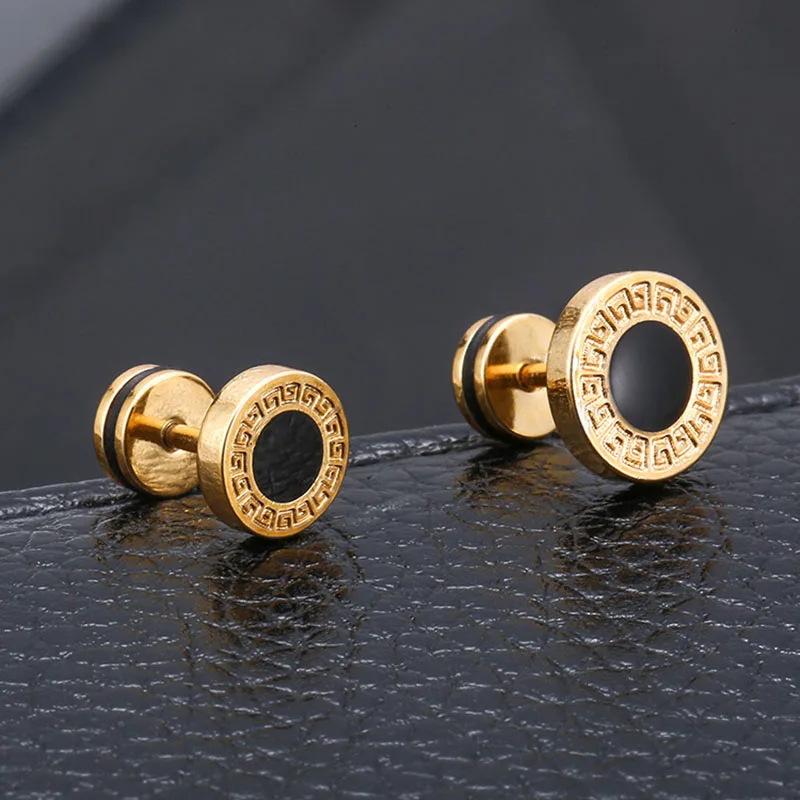 Fashion Stainless Steel Women\'s Studs Earrings For Men Ear Piericng Black Stone Gold Silver Color Face Stud Earring Jewelry