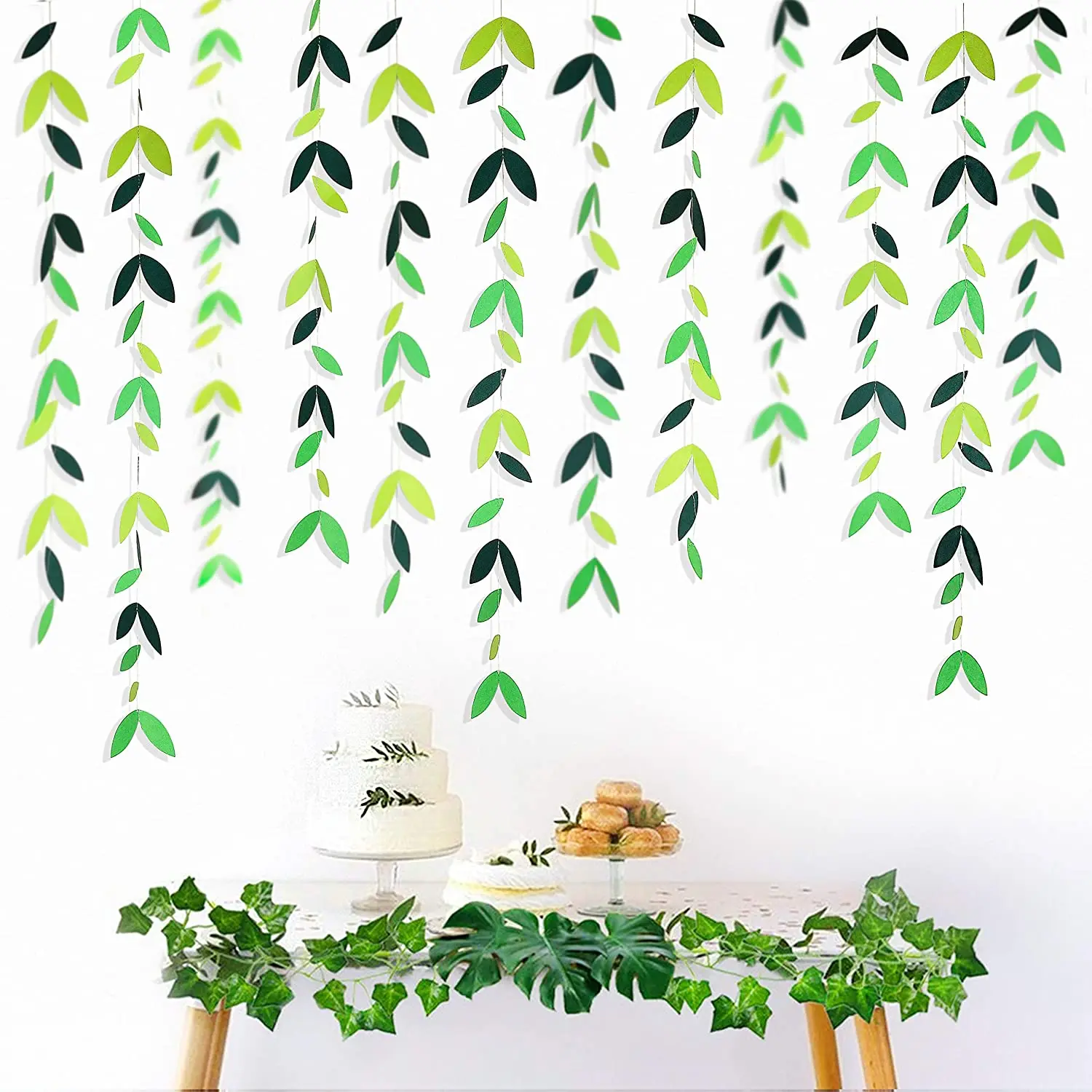 13ft Spring Summer Themed Green Leaf Garlands Party Decorations Paper Hanging Leaves Banner for Birthday Wedding Showcase Decor