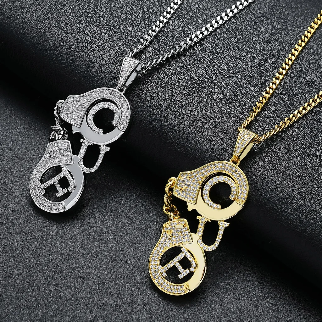 

Handcuffs Shape Iced Out Bling Pendant Necklace Mirco Pave Prong Setting Men Women Female Male Fashion Hip Hop Jewelry BP126