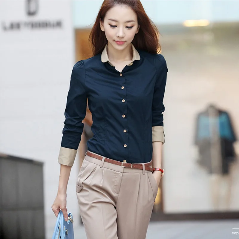 New Korean Tops Women Shirts Office Lady Slim Plus Size Chiffon Blouses Casual Lapel Long Sleeve Blusa Patchwork Spring Blouse