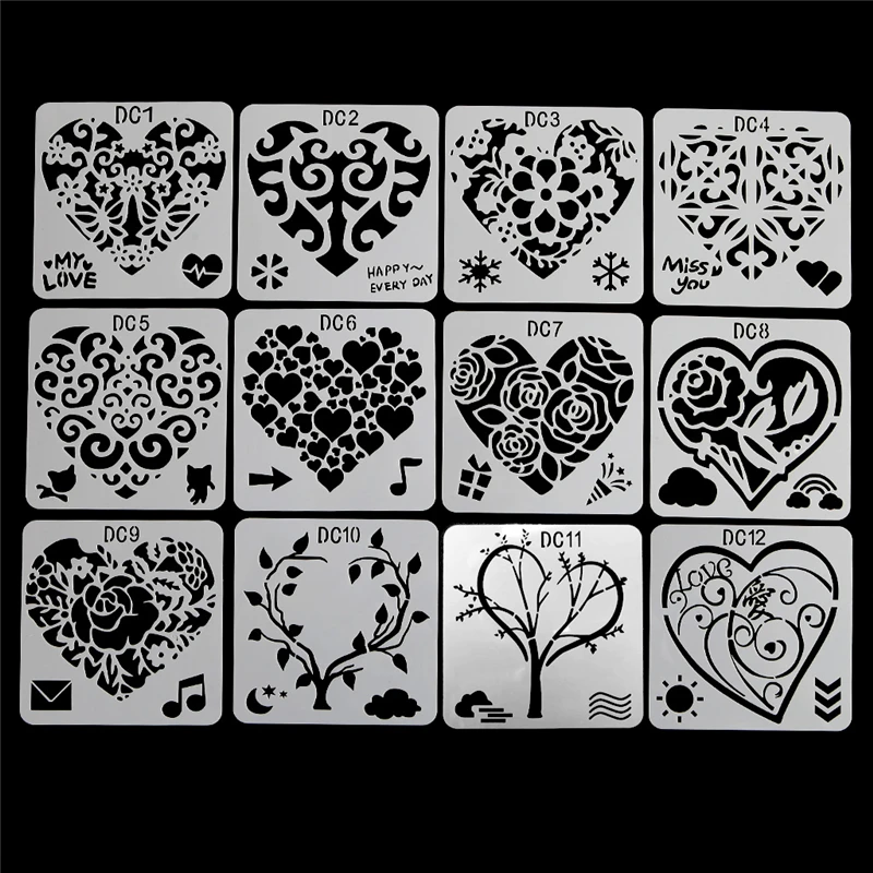 12Pcs Flower Heart Drawing Molds Plastic Children Painting Stencils DIY Paper Art Craft Card Label Scrapbook Bookmark Education