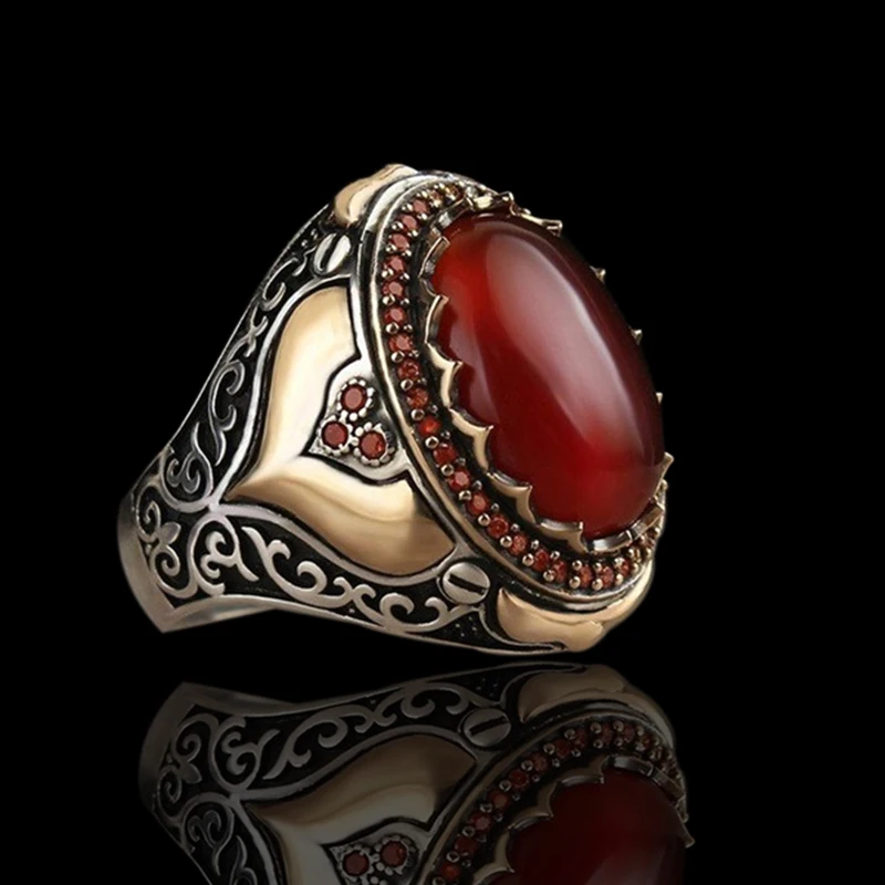 Fashion Gold Color Geometric Red Agate Stone Rings For Men Vintage Pattern Handmade Men Rings Women Retro Islamic Jewelry