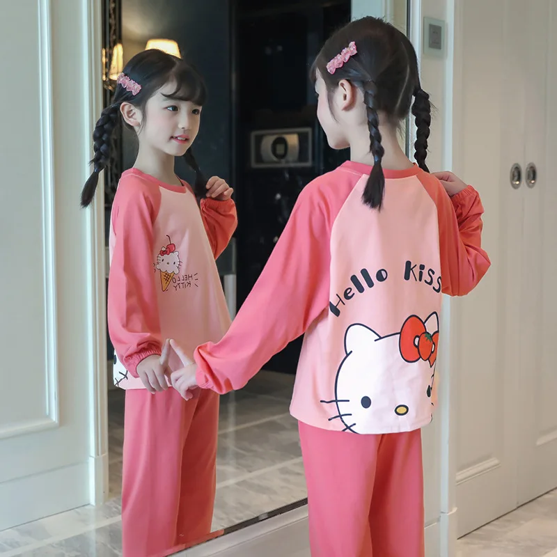 Hello Kitty New Cotton Girls Pajamas Set Spring and Autumn Comfortable Cute Printed Children\'s Long Sleeve Pants Two-Piece Set