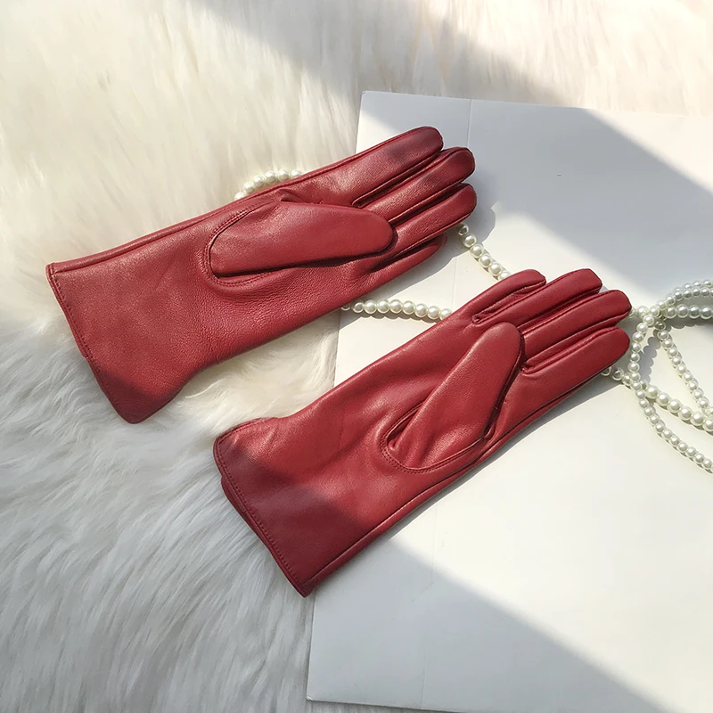 Women's Genuine Leather Gloves Red Medium Length Sheepskin Glove Thin Lining Autumn Winter Velvet Lining Hand Armguard Windproof