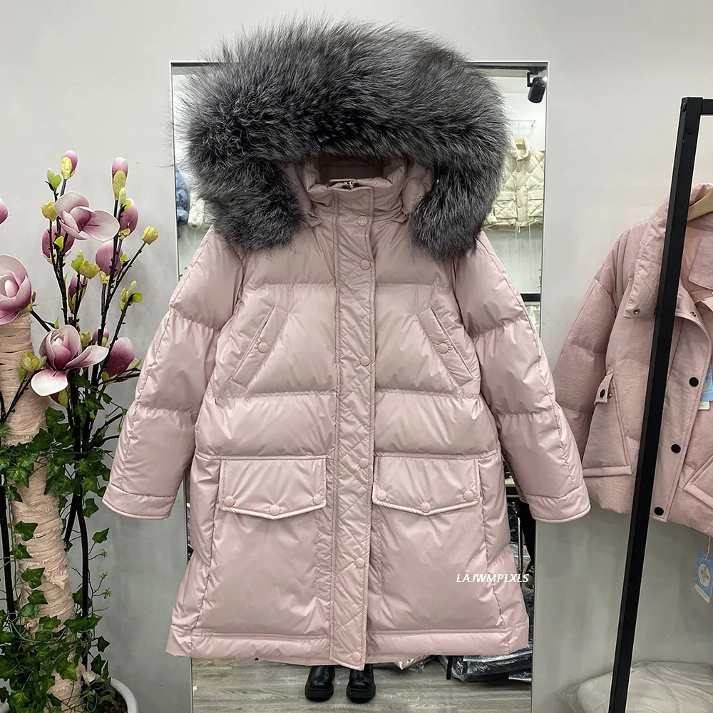 Winter Women New Glossy White Duck Down Jacket Loose Casual Warm Thick Coat Detachable Large Real Fur Collar Overcoat