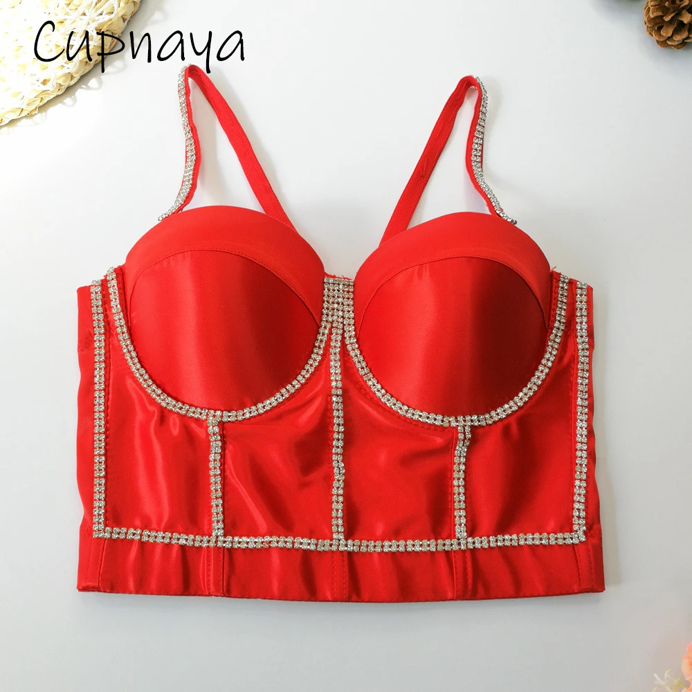 

Cupnaya Glitter Diamantes Sew Women Satin Padded Bustier Sexy Club Group Girls Crop Top Corset Camisole Bralette Black Red Nude