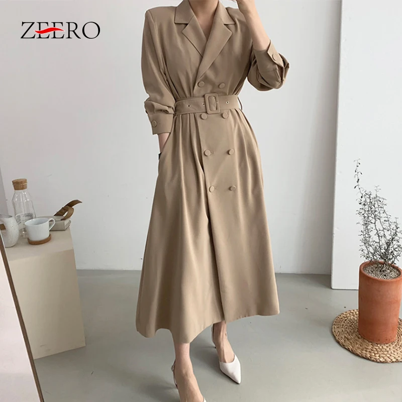 

Autumn Winter Ladies Kahki Noched Collar Long Trench Coat Women Casual Black Double Breasted Sashes Loose Windbreaker Overcoat