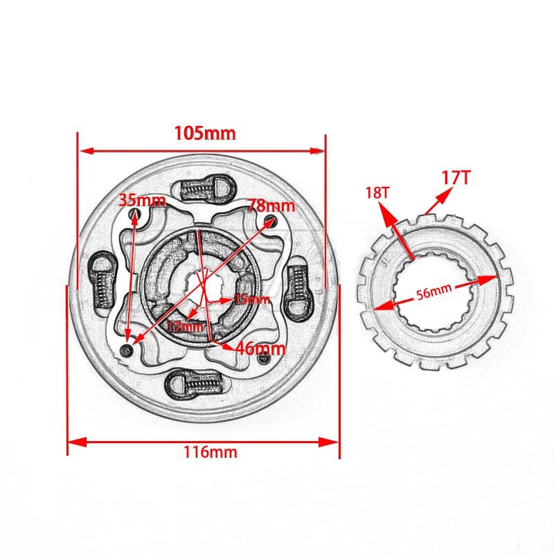 Manual Clutch Assembly 17 Teeth Engine Dirt Pit Bikes ATV Go-Kart Taotao for 50Cc 70Cc 90Cc 110Cc 125Cc