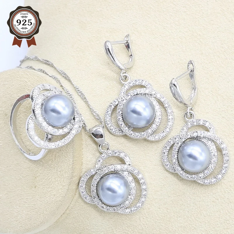 3 Colors Pearl 925 Silver Wedding Jewelry Set for Women White Gray Pink Earrings Necklace Pendant Ring Gift Box