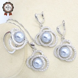 3 Colors Pearl 925 Silver Wedding Jewelry Set for Women White Gray Pink Earrings Necklace Pendant Ring Gift Box