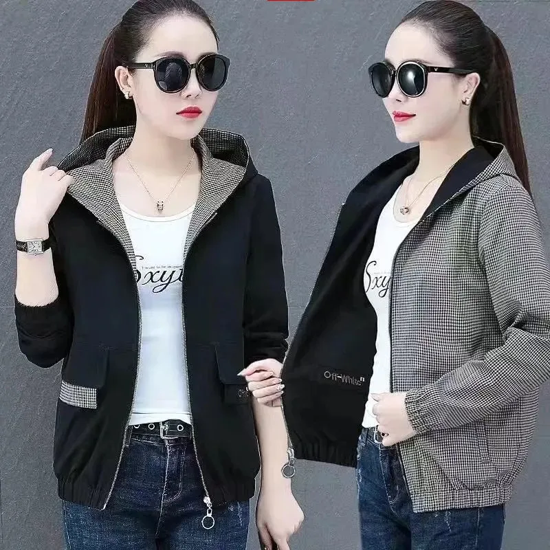 Double Sided Coat Female Spring Autumn 2022 New Fashion Wild Casual Double Sided Wear Jacket Hooded Baseball Uniform Top 308