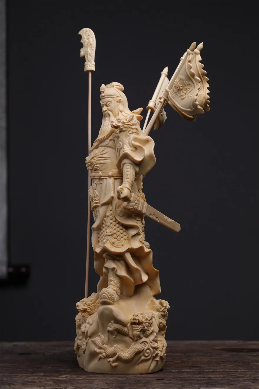 XS311-Boxwood 20-30CM Guanyu Sculpture Three Kingdoms Wood Carving Statue Wealth God Five Flags Guan Gong Feng Shui