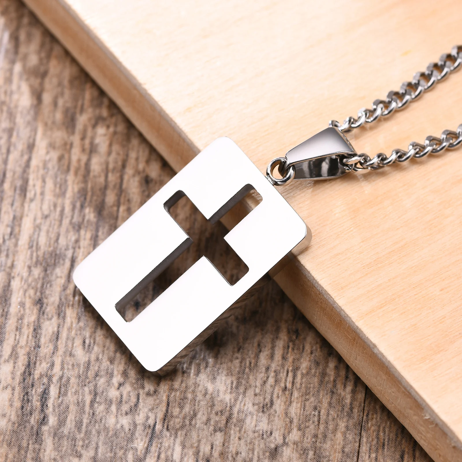 Men Necklaces, Cross Cut Out Pendant, Stainless Steel Small Dog Tag Necklace, Christ Religion Jewelry image 4