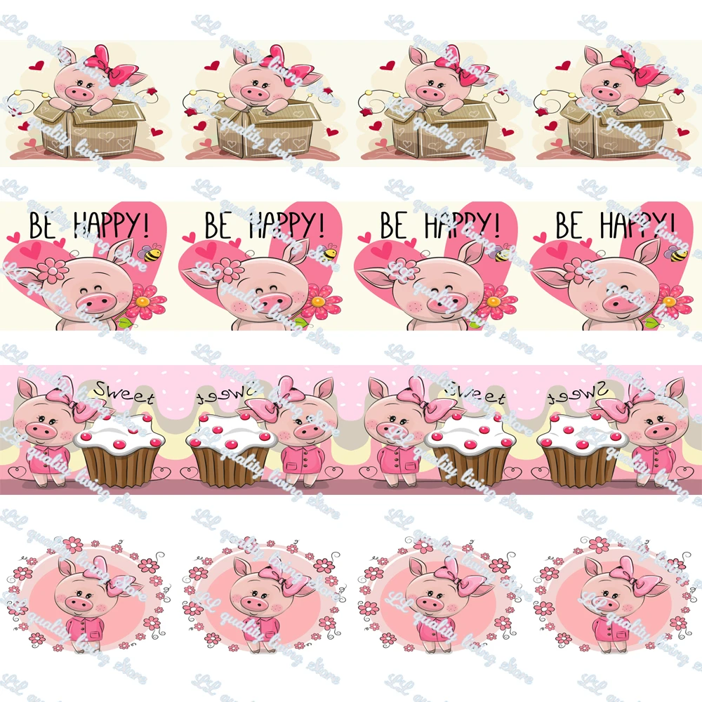 

WL 1’Happy Pig Printed Grosgrain Ribbon Wedding Birthday Party Decoration Hair Accessories Gift Wrapping Animal Collar