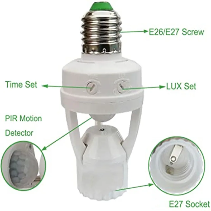 Imagem -02 - Interruptor de Luz com Sensor de Movimento E27 100240v Detector de Movimento Base E27 Suporte de Lâmpada com Controle de Luz Interruptor Inteligente Adaptador de Soquete de Lâmpada