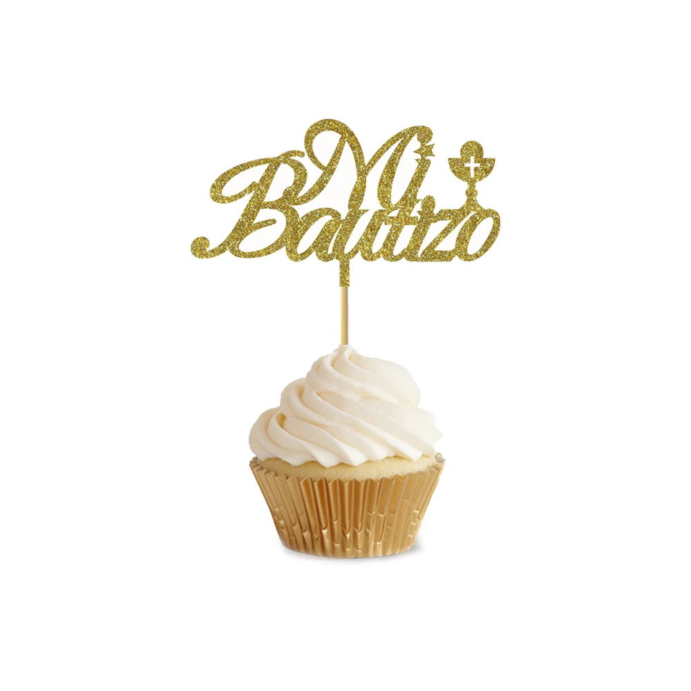 20 Pieces Glitter Gold Glitter Silver Spanish Mi Bautizo Cupcake Topper For Kids Christening & Baptism Party Decoration Topper