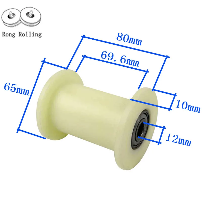 H-groove width 70mm,sliding nylon grooved roller diameter 65mm,thickness 80mm,nylon rollers/wheels with double 6201RS bearings.