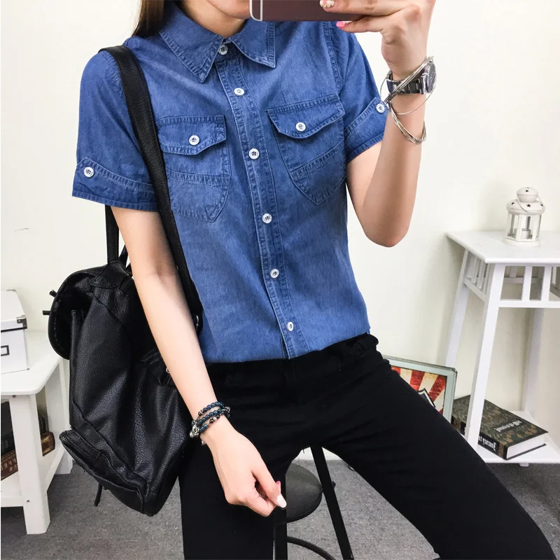 #0138 2023 Summer Cotton Denim Shirt Women Short Sleeve Slim Fit Preppy Style Casual Jeans Shirt Ladies Basic Blouse Shirt Slim