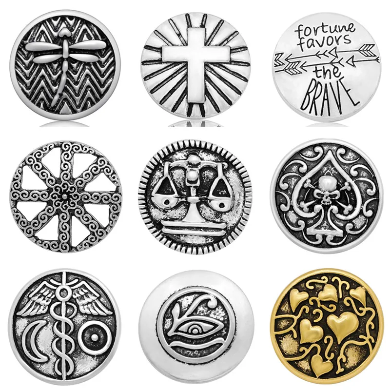 Beauty Charm Simple Round the brave hearts cross eye dragonfly 18MM Metal snap buttons for DIY snap jewelry wholesale