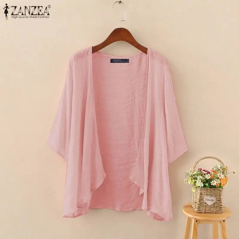 2023 ZANZEA Women\'s Summer Blouse Fashion Beach Cardigans Solid Casual 3/4 Sleeve Shirt Female Tunic Tops Kimono Cape