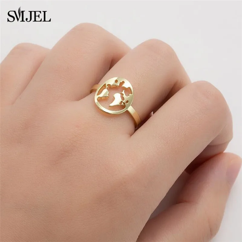 New Fashion World Map Ring Stainless Steel Golden Punk Hip Hop Round Geometric Rings for Women Men Creativity Gifts Friend