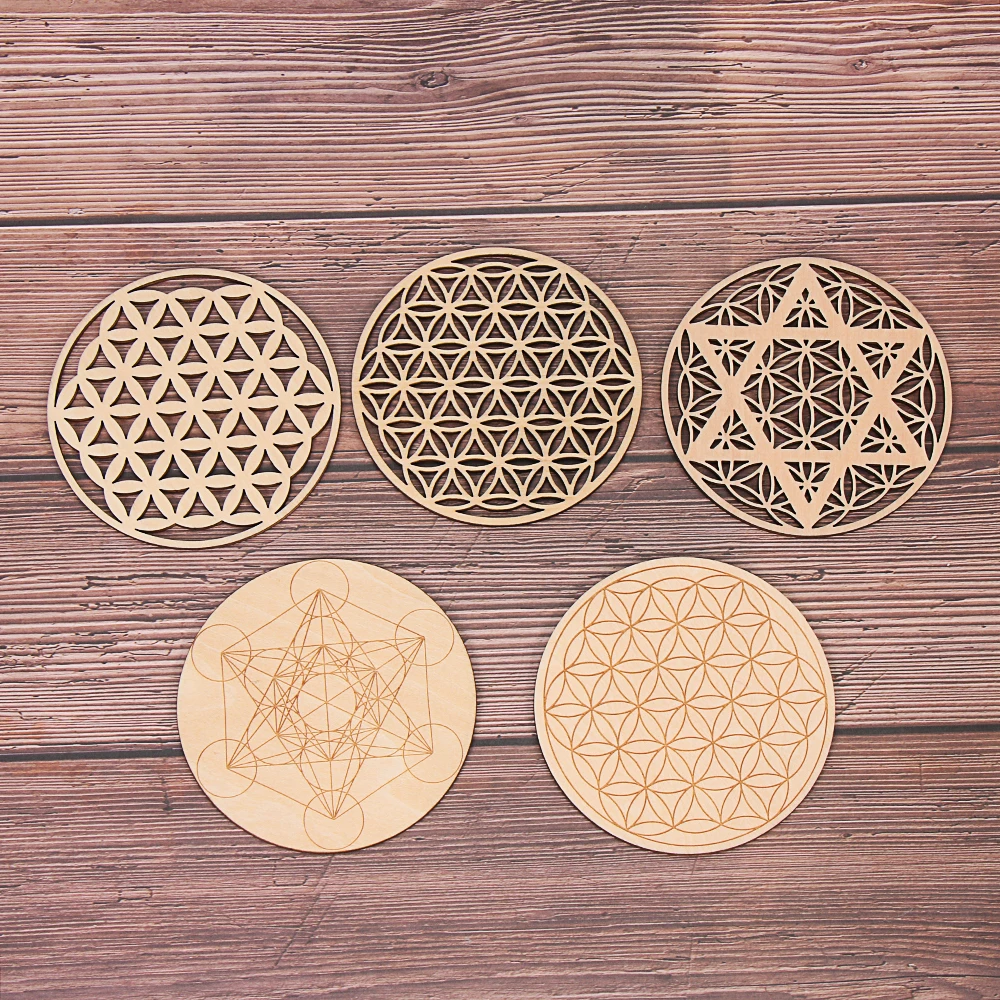 Round Chakra Pattern Coaster Flower of life Decor Healing Natural Wood Arts Crafts Circles Carved Handmade Collectibles Home Dec