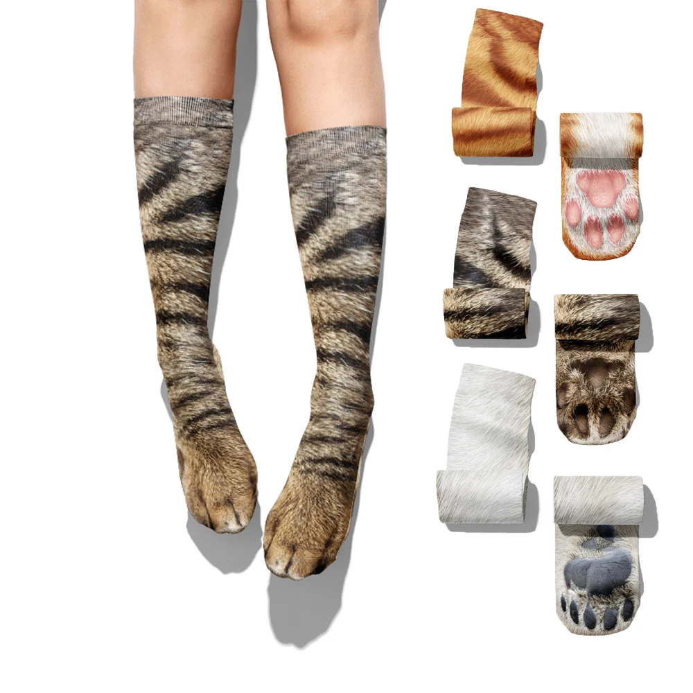 3D Simulation Animal Cat Foot Socks Unisex Funny Cotton Long Socks Fashion Leopard Tiger Harajuku Christmas Middle Tube Sock