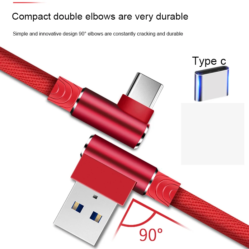 90 Angle USB C Type C Cable Charger Wire For Samsung Huawei Xiaomi USB-C USBC Type-C Long Fast Charge Data Cord 1m 2m