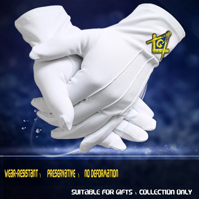 Golden Square and Compass Masonic Embroidery High-Quality Polyester Gloves- [White]