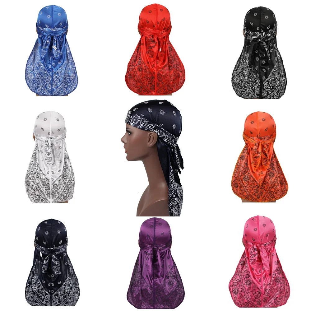 Durag de seda Premium para hombre, diseño de Cachemira, estampado sedoso, correas largas, pañuelo para la cabeza, gorra ondulada, envoltura para la