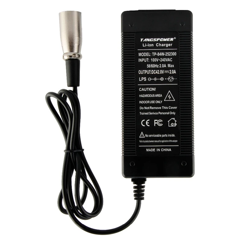 Cargador de batería de litio de 42V y 2A para paquete de batería de iones de litio de 36V, cargador de 84W con conector XLR de 4 pines, ánodo y