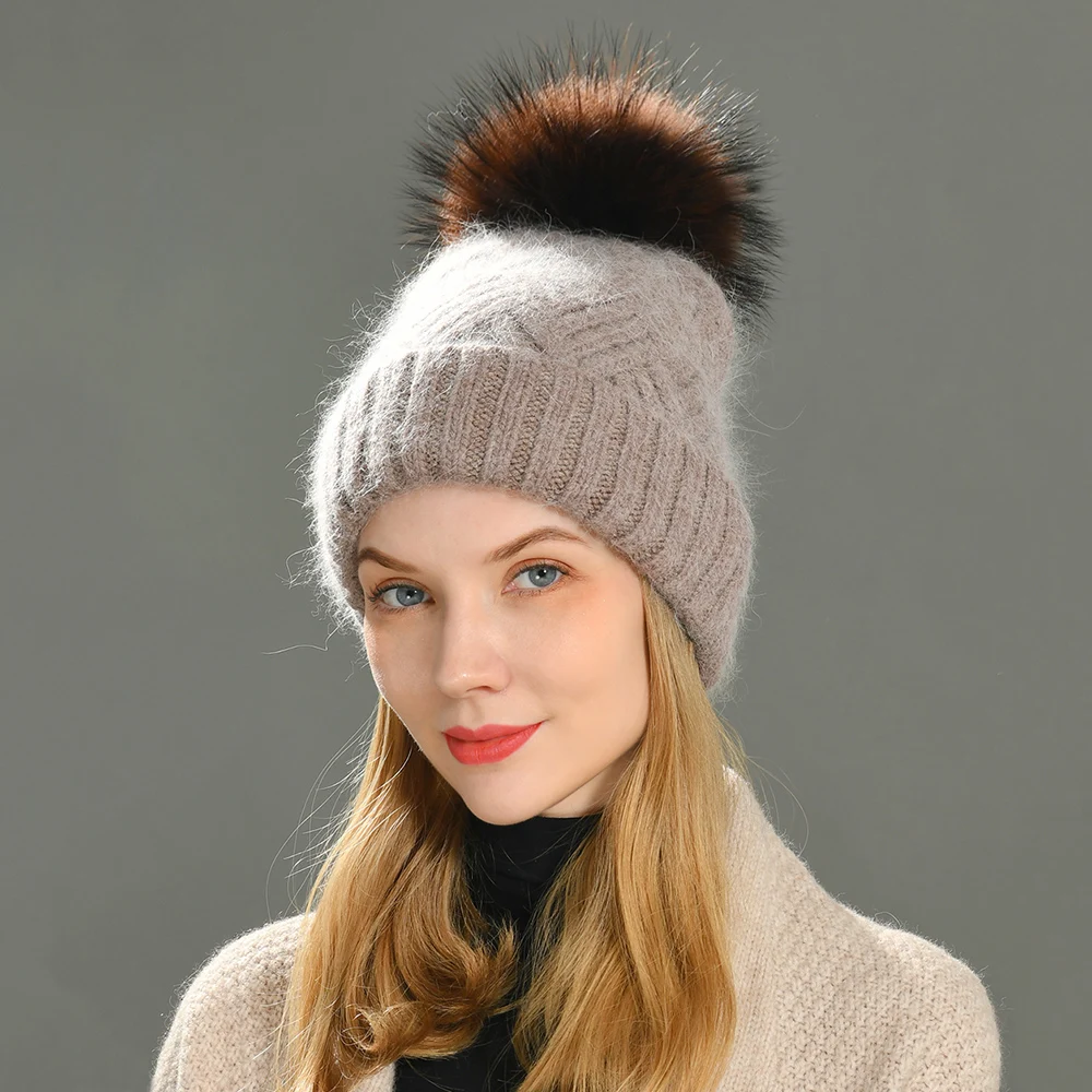 Czapki zimowe damskie z mieszanki kaszmiru i futra królika, dziergane czapki typu beanie z naturalnym futrzanym pomponem, wysokiej jakości miękkie wełniane czapki na jesień.