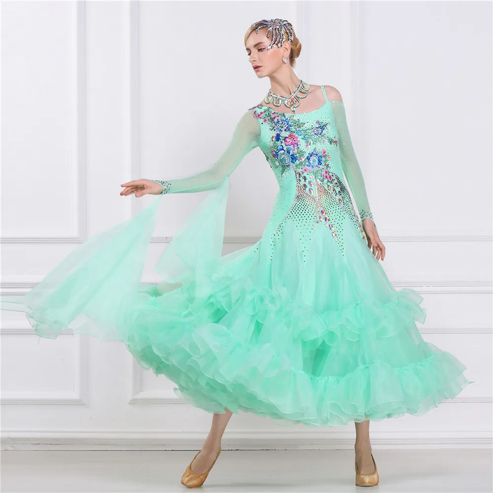 B-16252 Custom Blue Ballroom Danswedstrijd Jurken Dans Ballroom Waltz Jurken Standaard Dans Jurk Vrouwen Ballroom Jurk