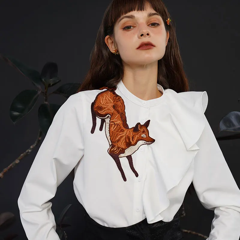 Women\'s Fox Embroidery Stand Collar Asymmetrical Wavy Ruffle Shirt