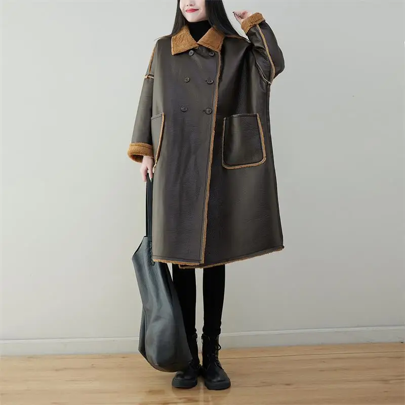 Female new winter Korean style with velvet long outerwear thick loose plus size PU coat