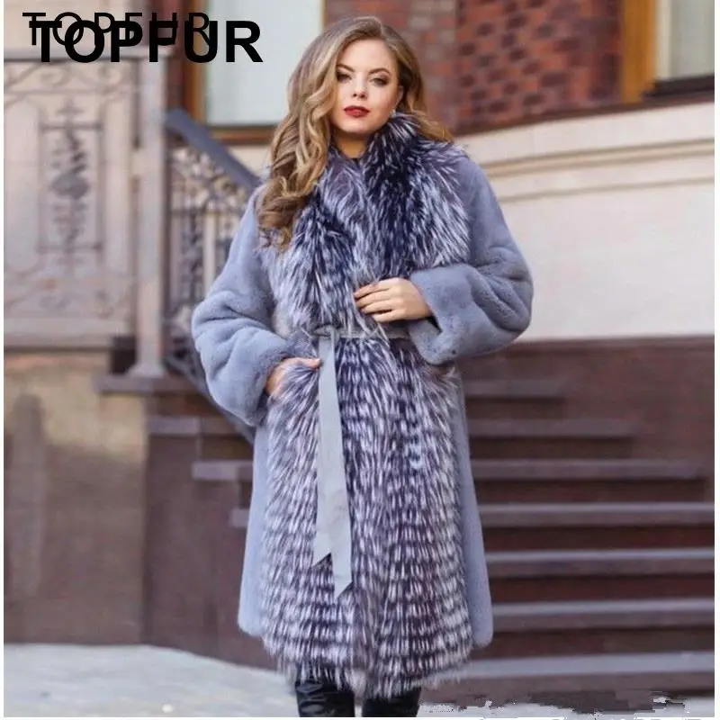 YOPFUR  New Natural Mink Casual Plus Size Genuine Real Fur Mink Jacket Women Warm WinterLuxury Mink Fur Coat With Fox Fur Collar