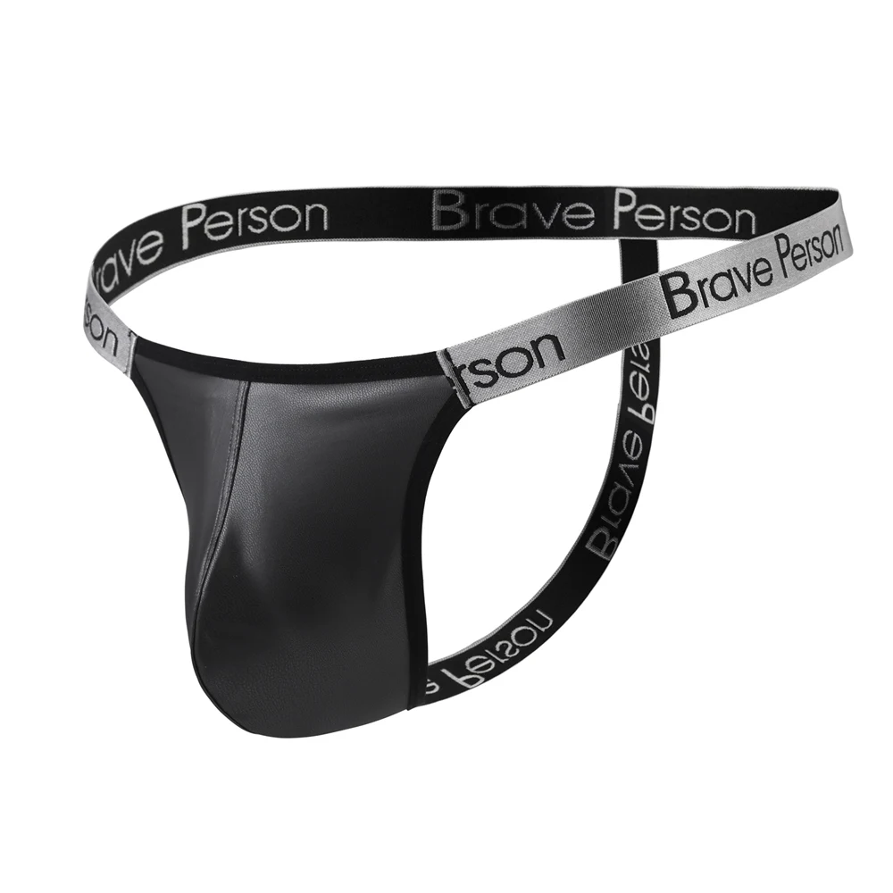 BRAVE PERSON-Tanga sexy de cuero de imitación para hombre, ropa interior gay, bikini, parte trasera en T