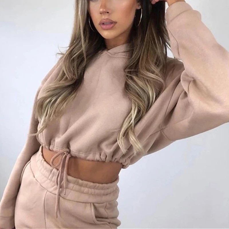 New Street Hot Fashion Casual Sweatshirt Solid Color Thick Two Piece New Sports Leisure Suit Long-Sleeved Style Womens Suit